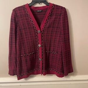 Women’s Misook Red Black Plaid Knit Jacket Top Sweater Size Small Cardigan